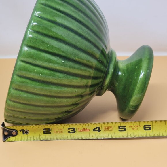 Vintage Green Speckled Haeger USA Ribbed Ceramic Pedestal Footed Bowl - Picture 8 of 8